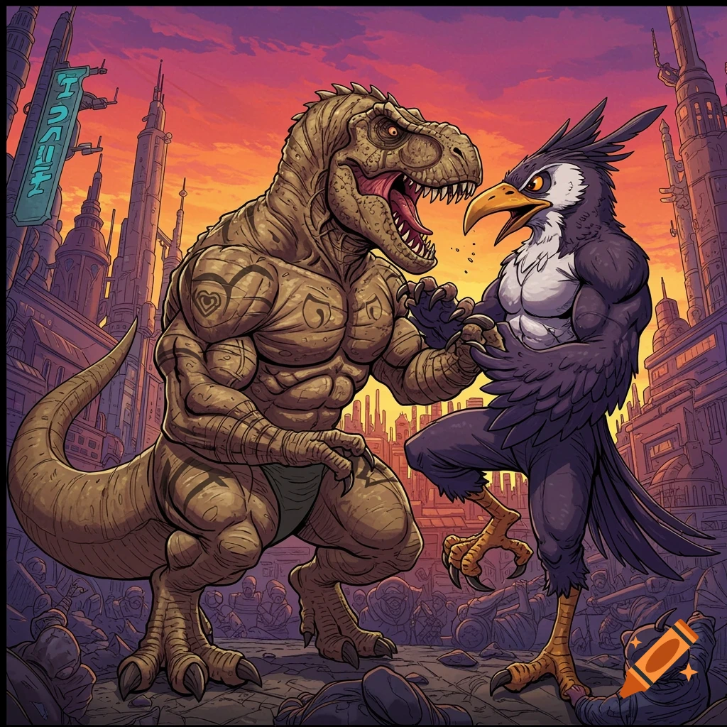 Muscular dinosaur fights a muscular bird in a comic book style fantasy city during sunset.