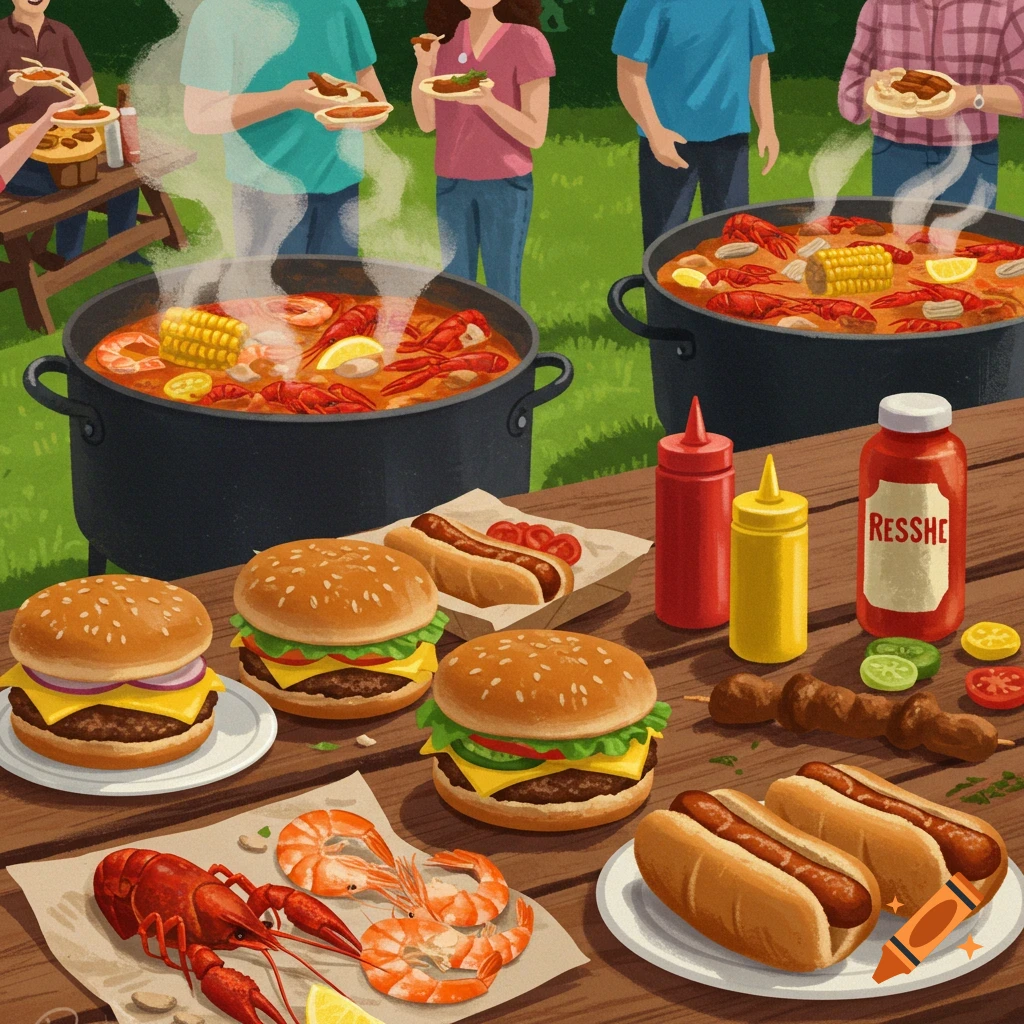 Crawfish boil with hamburgers and hotdogs