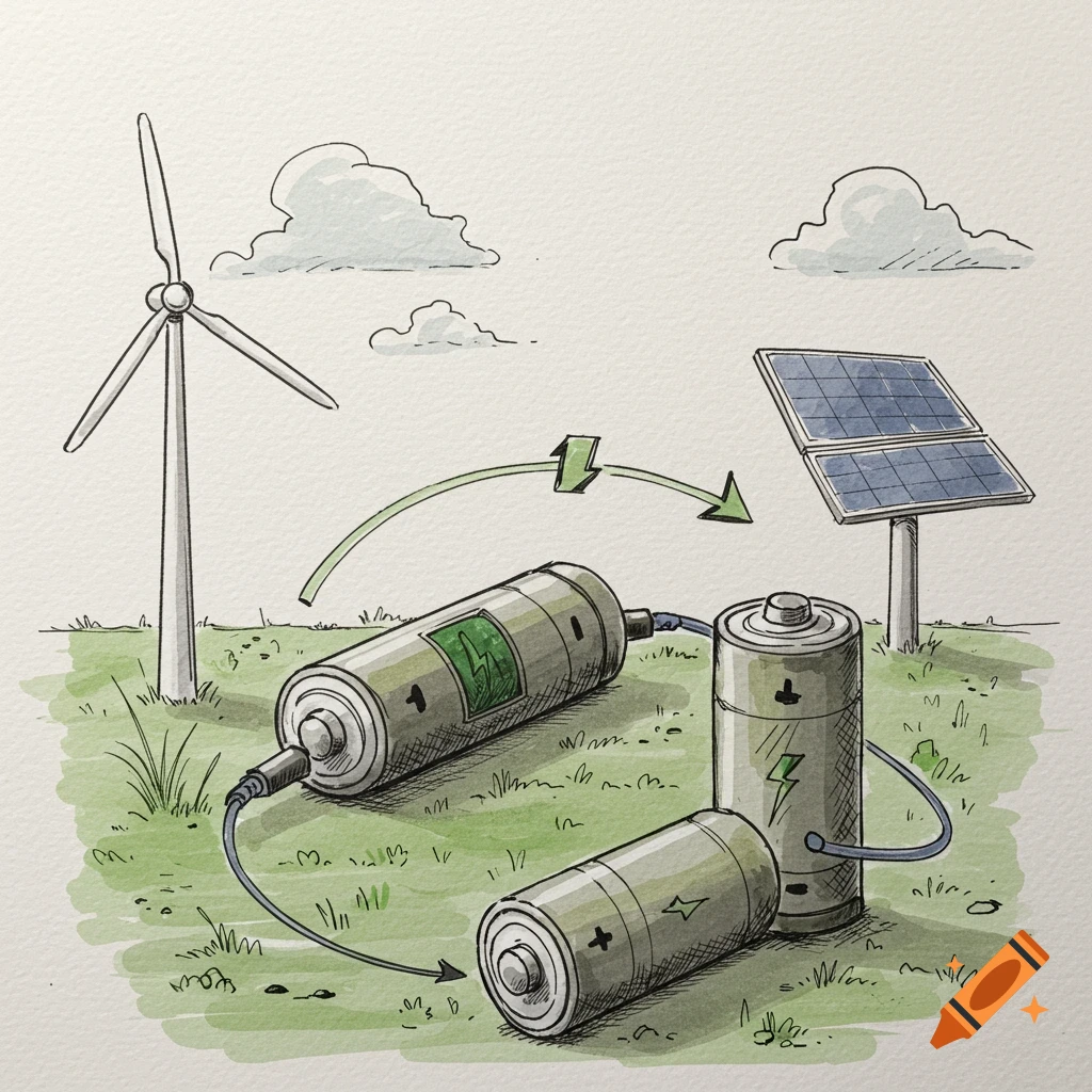Watercolor illustration showing a wind turbine, solar panel, and batteries connected by arrows.