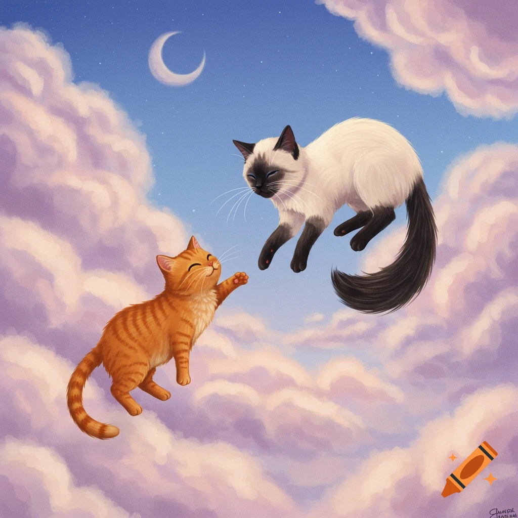 An orange tabby and a Siamese cat float among pastel clouds in the sky, reaching out to each other under a crescent moon.
