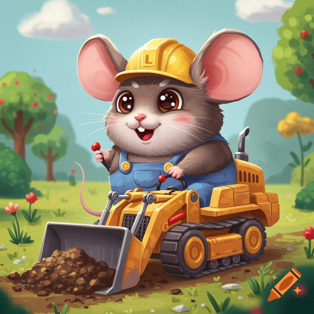 Cute cartoon mouse wearing a hard hat drives a yellow bulldozer.