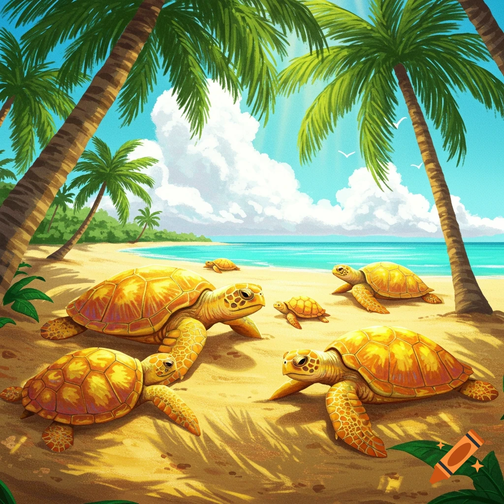 Golden turtles on a tropical beach with palm trees