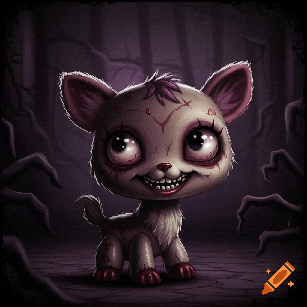 Cartoon of a creepy animal character with big eyes and sharp teeth in a dark forest.
