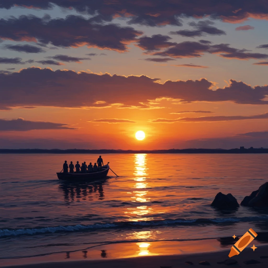 Oil painting of a boat with people sailing into a sunset over water.