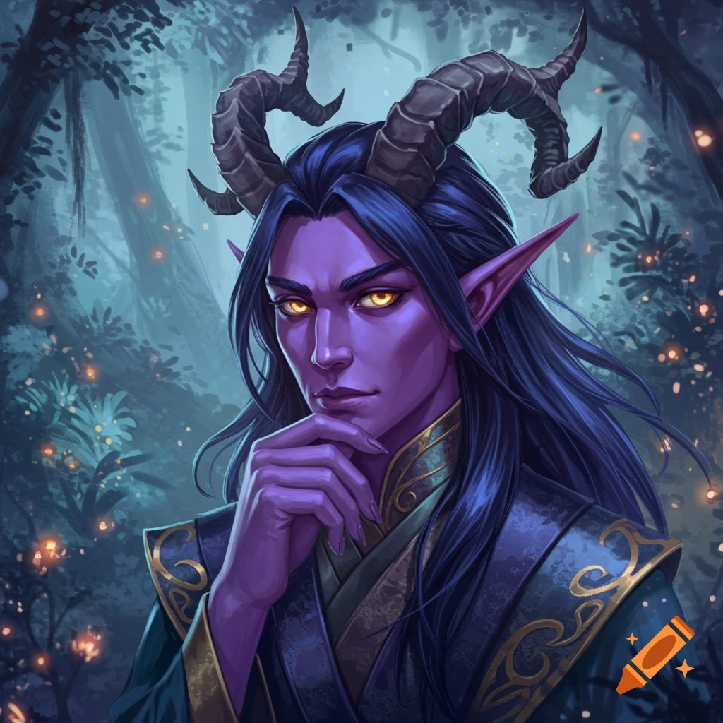 Portrait of a fantasy character with purple skin, horns, and long dark hair, in a forest.