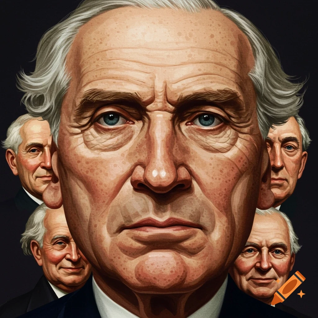 Illustrated portrait of a man's face with multiple smaller faces behind him.