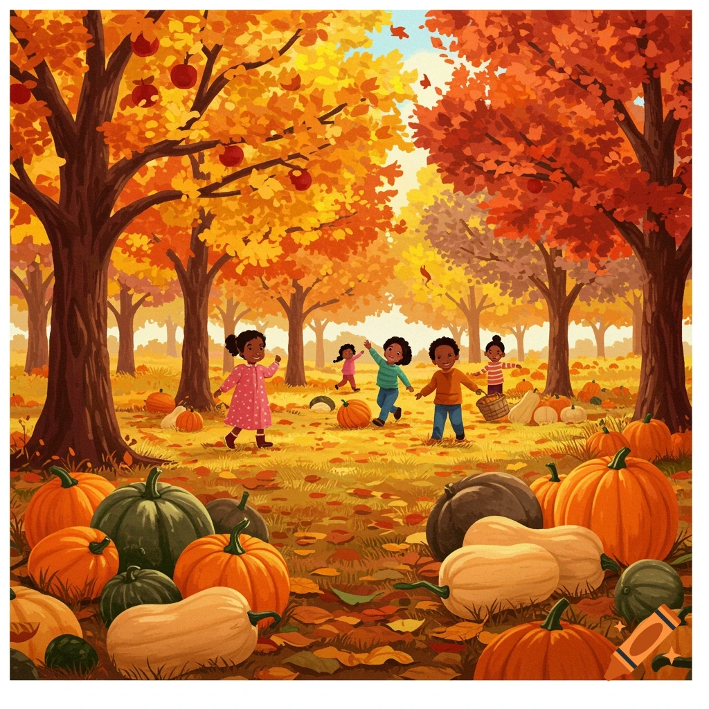 An illustration of children playing among pumpkins and autumn leaves in an orchard.