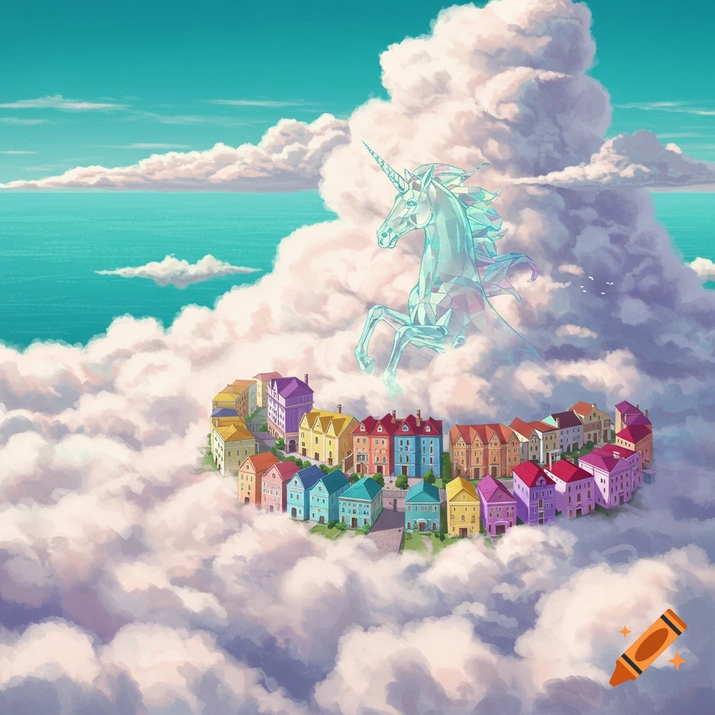 Crystal unicorn emerges from clouds above colorful houses floating in the sky.