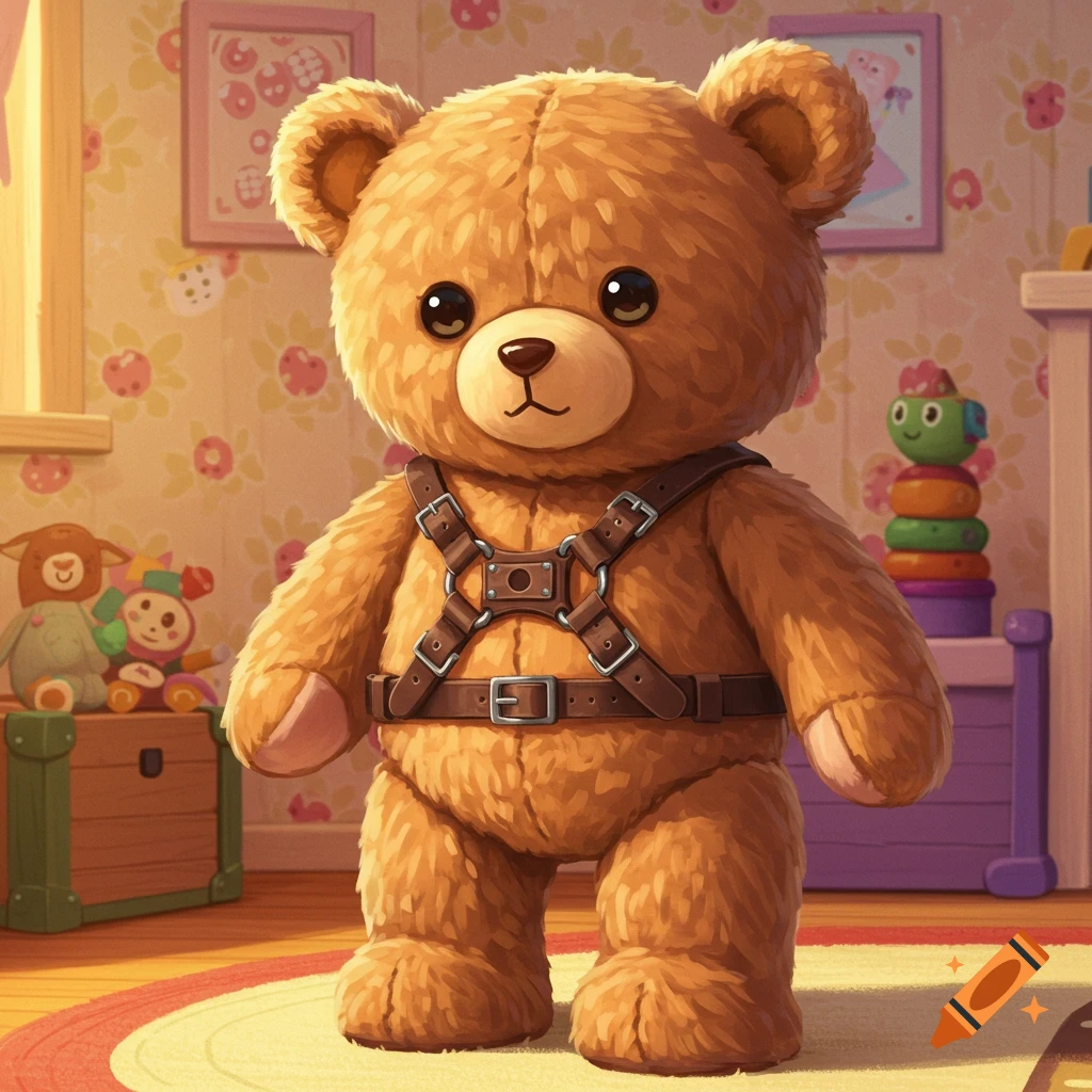 An illustrated teddy bear wears a harness in a child's room with toys and patterned wallpaper.