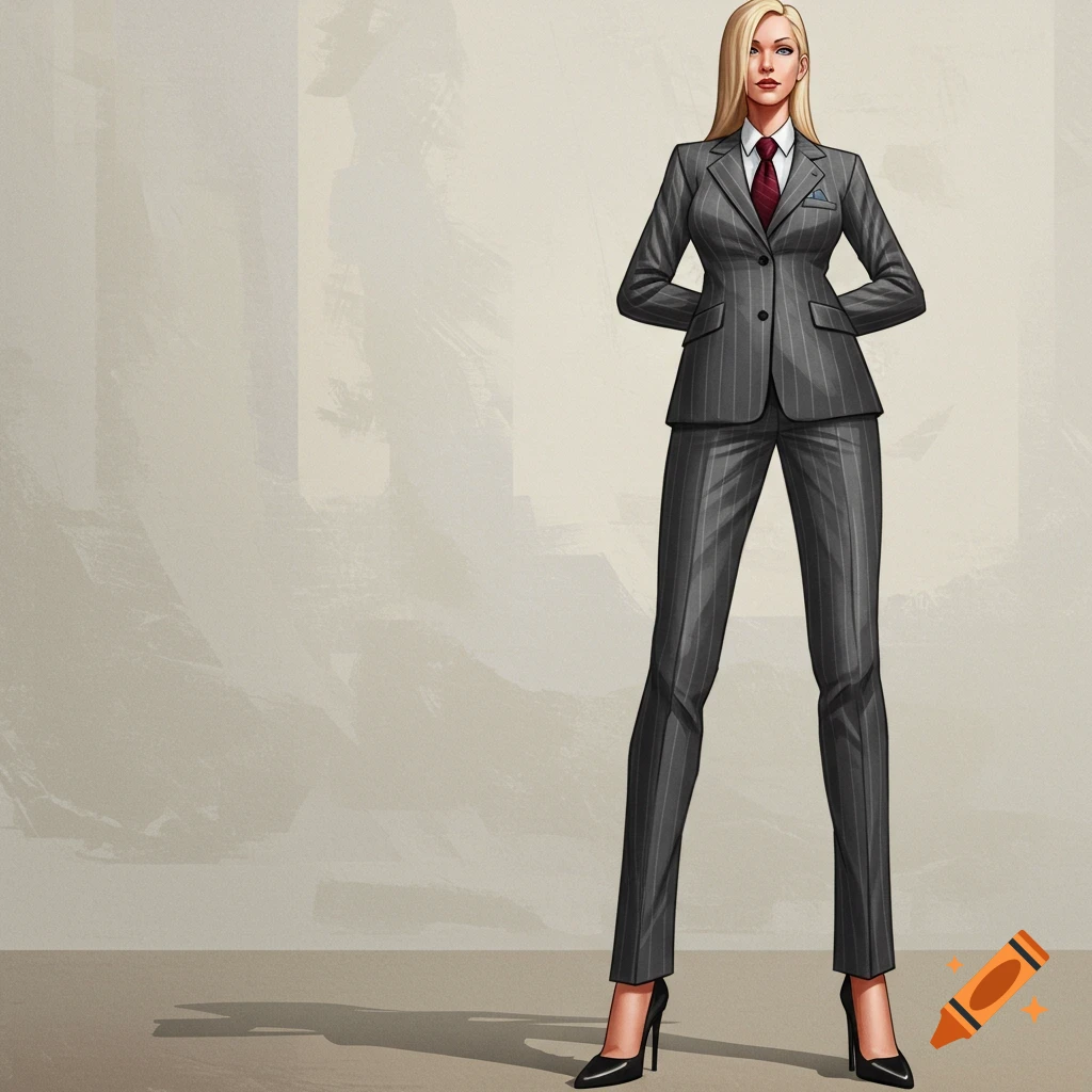 Illustration of a blonde woman in a grey pinstripe suit and black heels standing with her hands behind her back.