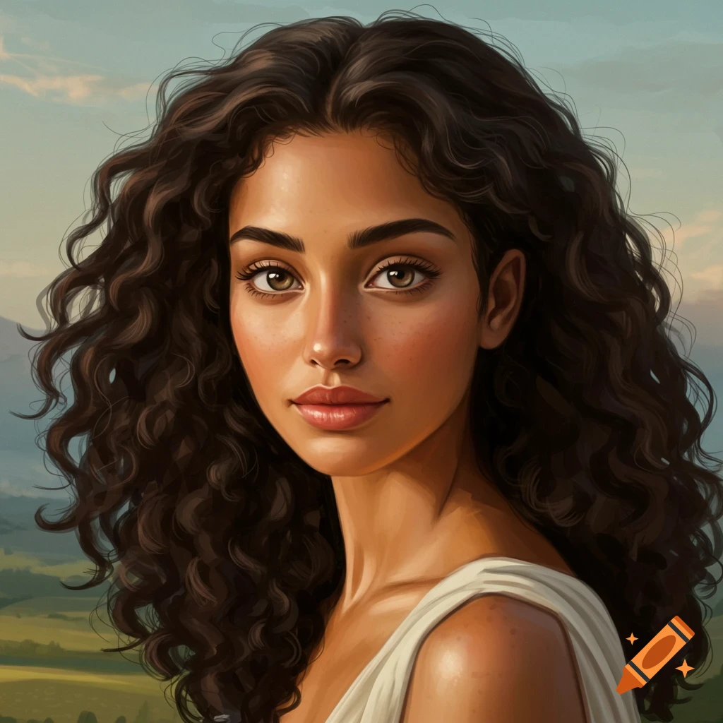 Portrait of a woman with dark curly hair and olive skin looking at the camera, with a landscape background.