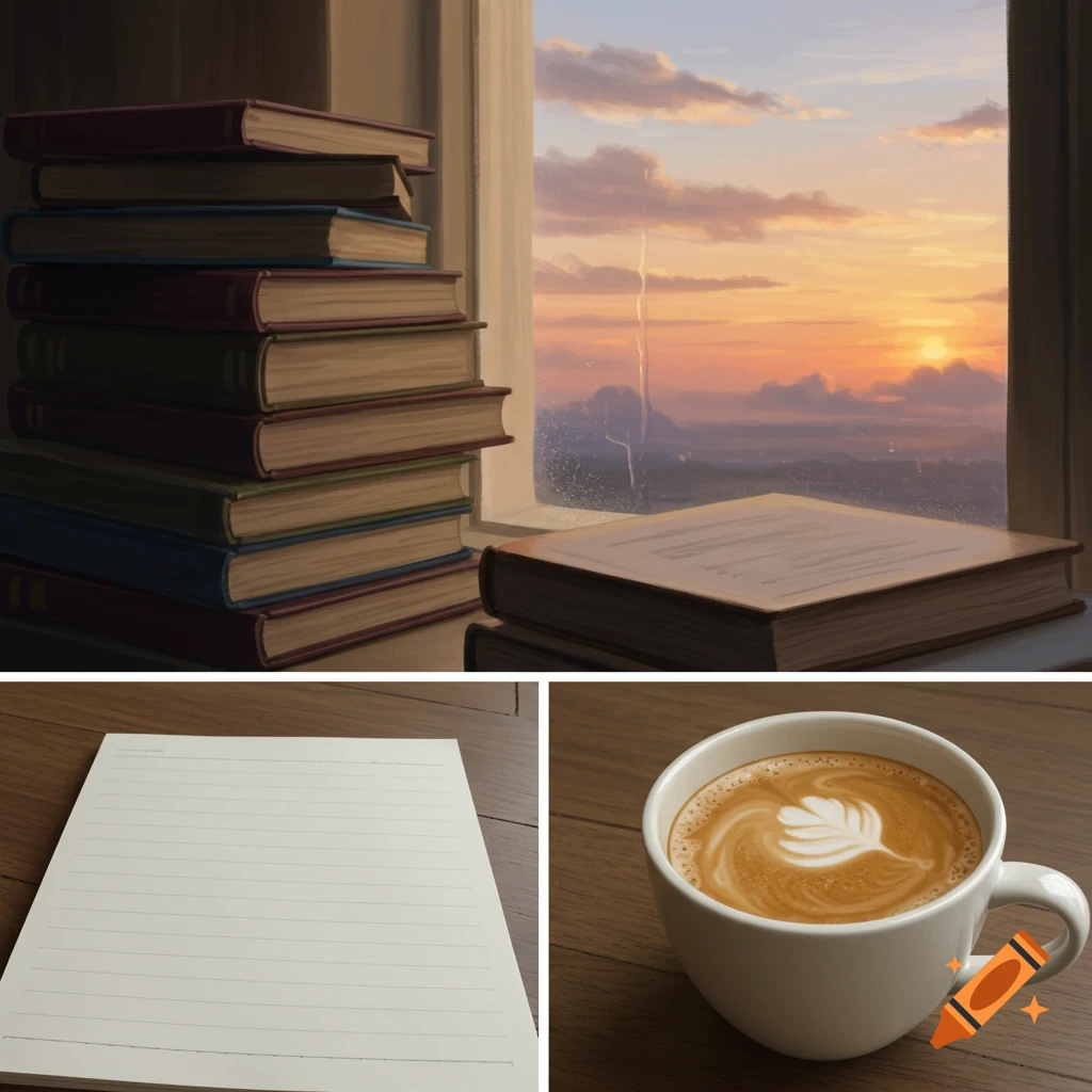 Split image: Illustration of books by window with sunset view, photo of lined paper, photo of latte.
