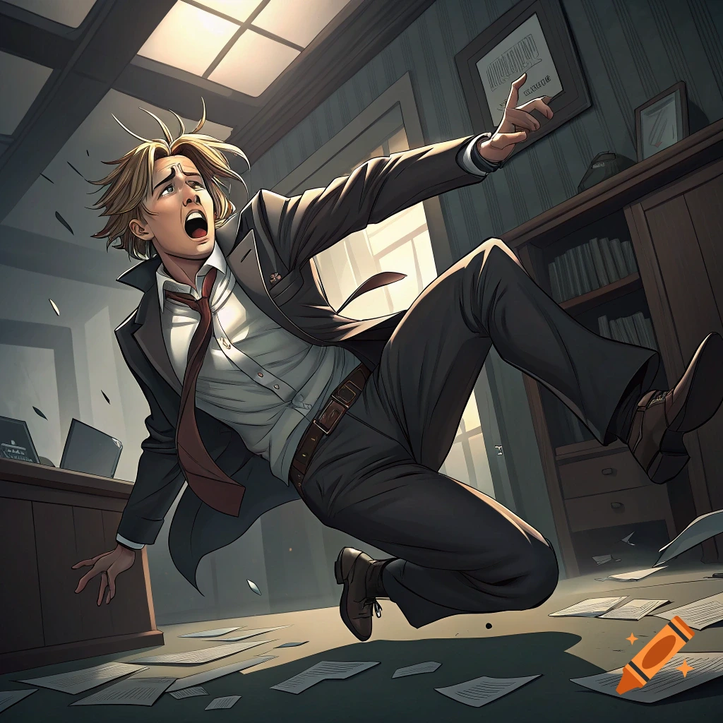 Anime-style illustration of a man in a suit falling backwards in an office, scattering papers.