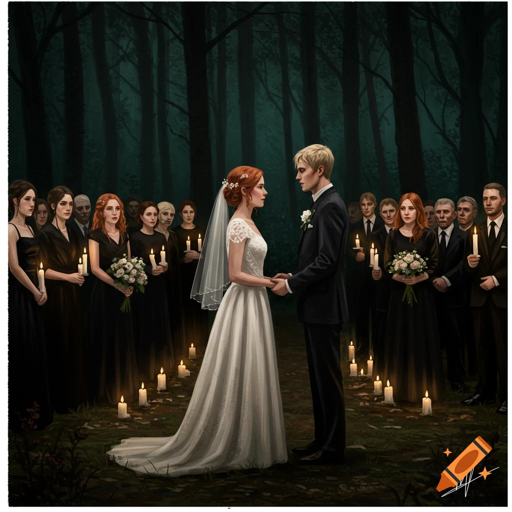 Wedding in dark woods with red-haired bride and blonde-haired groom, everyone in black with candles.