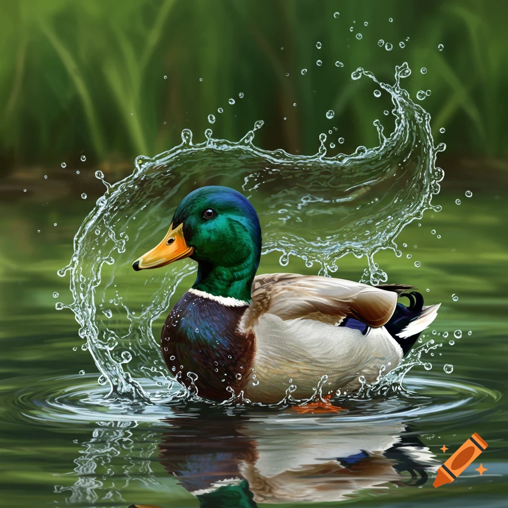 Realistic painting of a mallard duck swimming in a pond with water splashing around it.