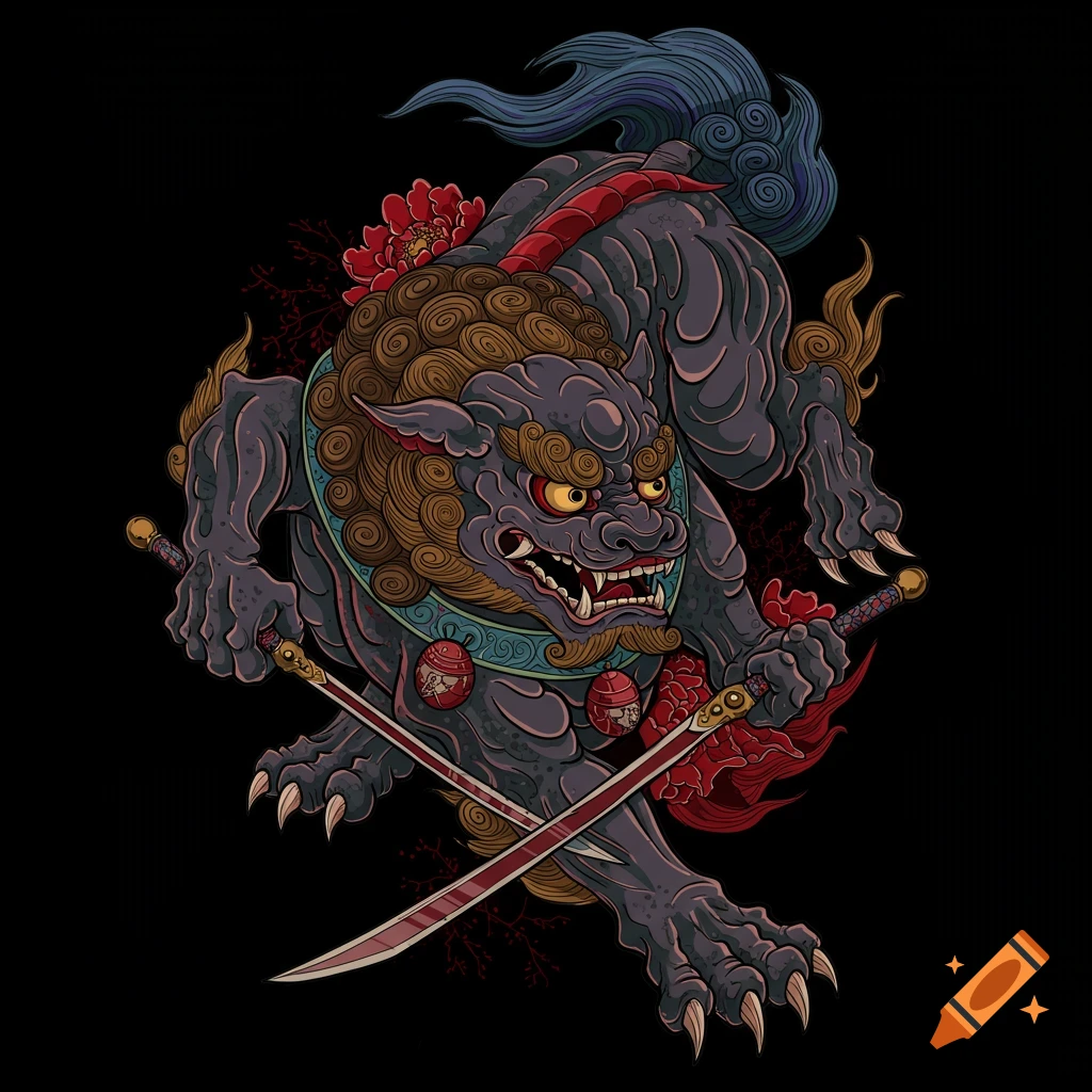 An illustration of a mythical guardian lion or fu dog holding two swords, in a tattoo design style.