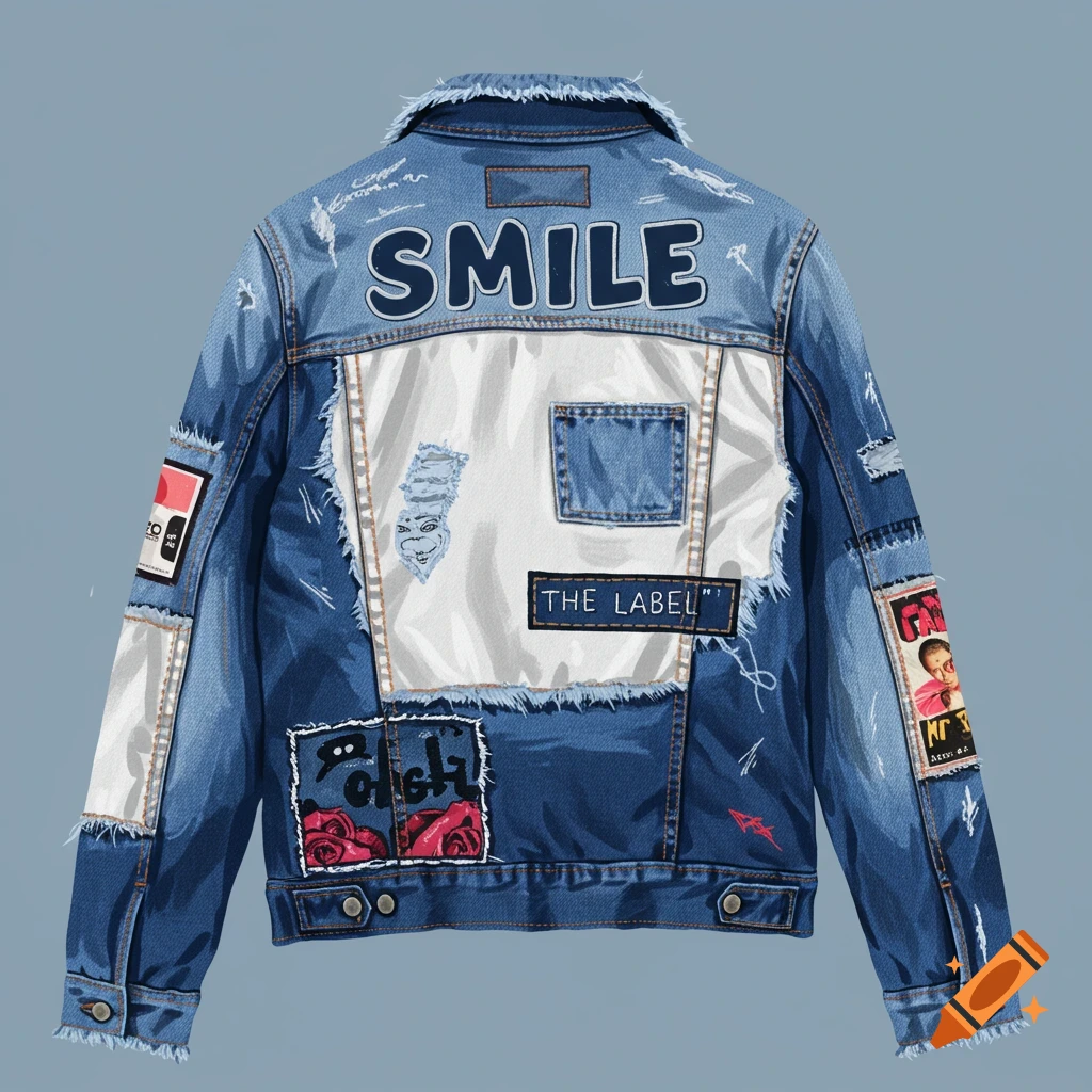 Back of a distressed denim jacket with 'SMILE' and 'THE LABEL' patches and other decorative elements.