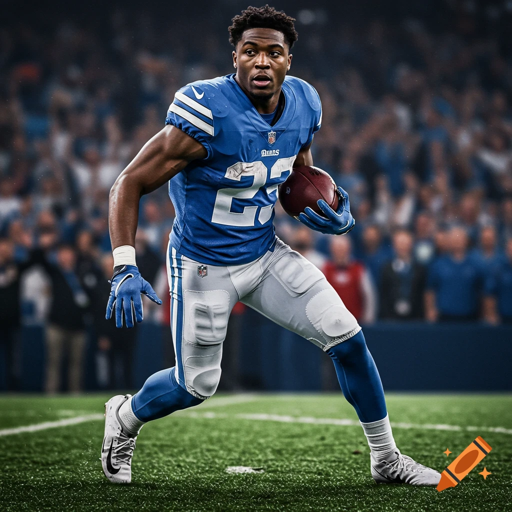 Photorealistic image of a football player in a blue jersey running with the ball on a field.