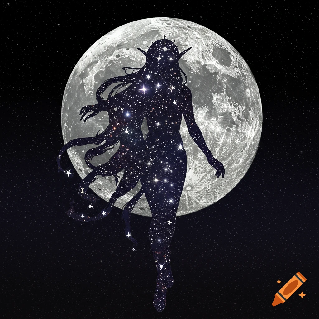 Silhouette of a celestial elf made of stars stands in front of a large moon and starry sky.