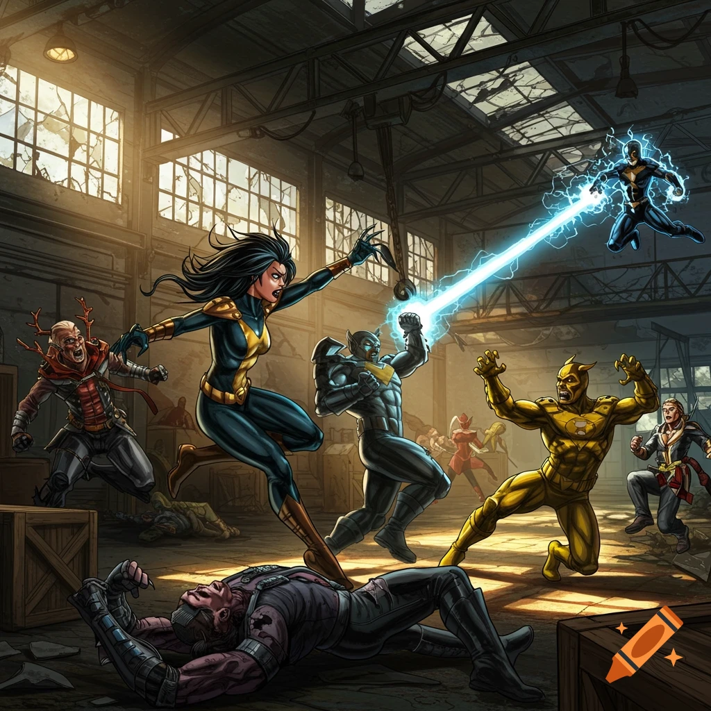A dynamic comic book illustration of superheroes and villains fighting in a damaged warehouse.