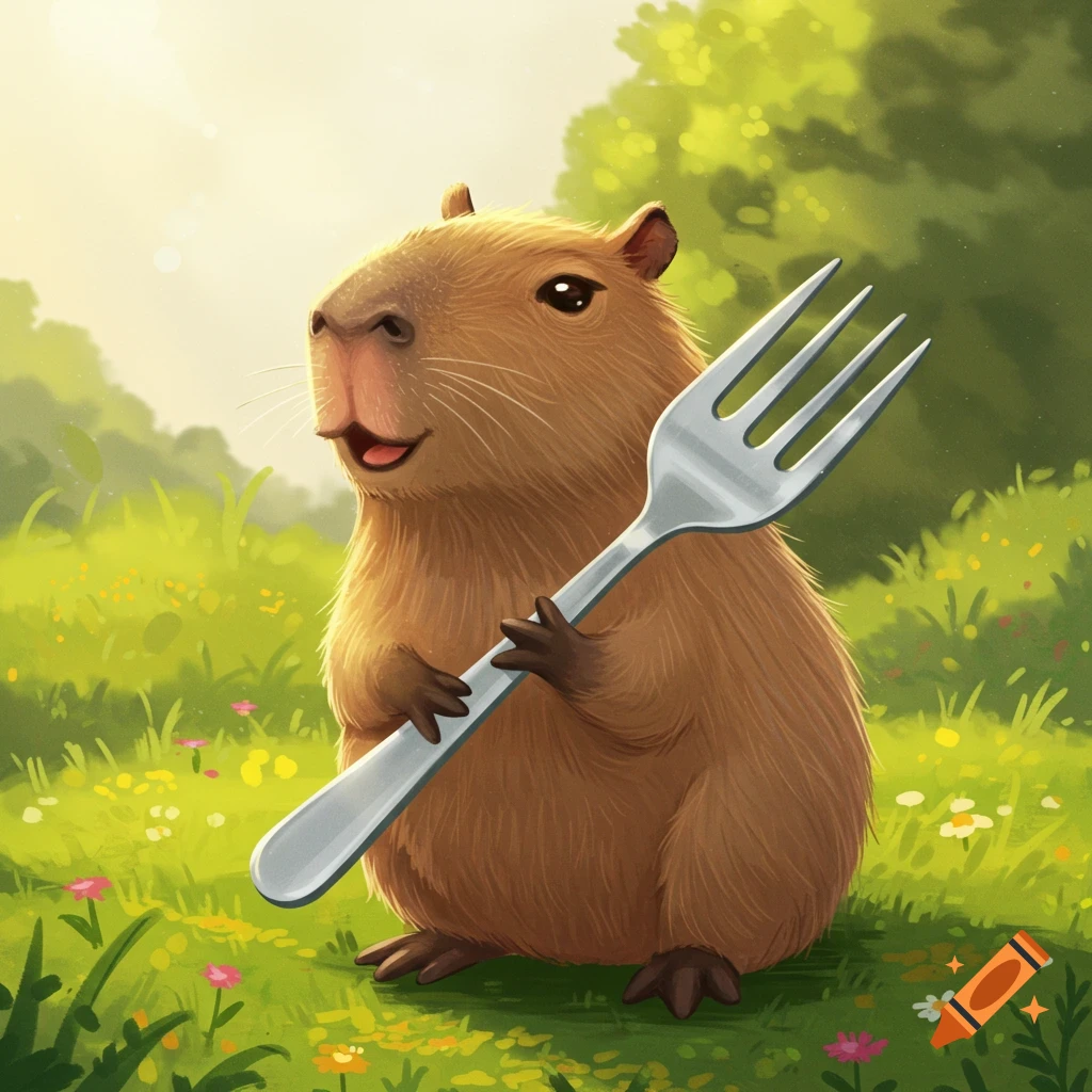 Capybara holding a fork