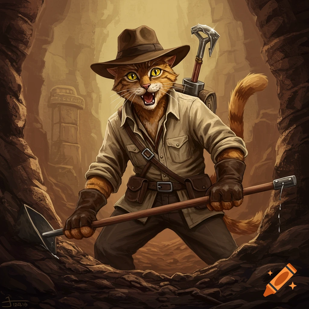 Illustration of an anthropomorphic cat archaeologist digging in a cave.