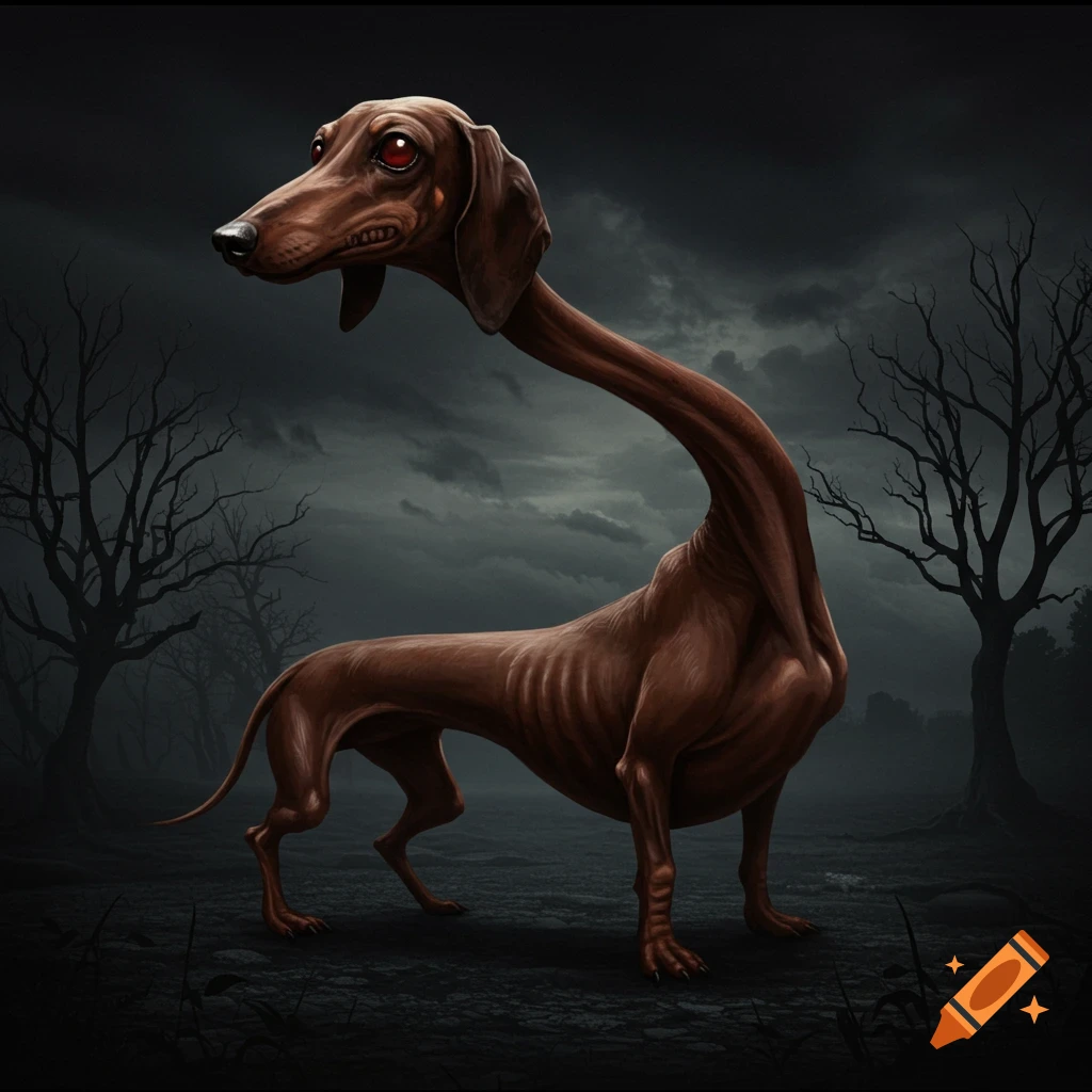 A surreal, tall dachshund with a long neck stands in a dark, stormy landscape.