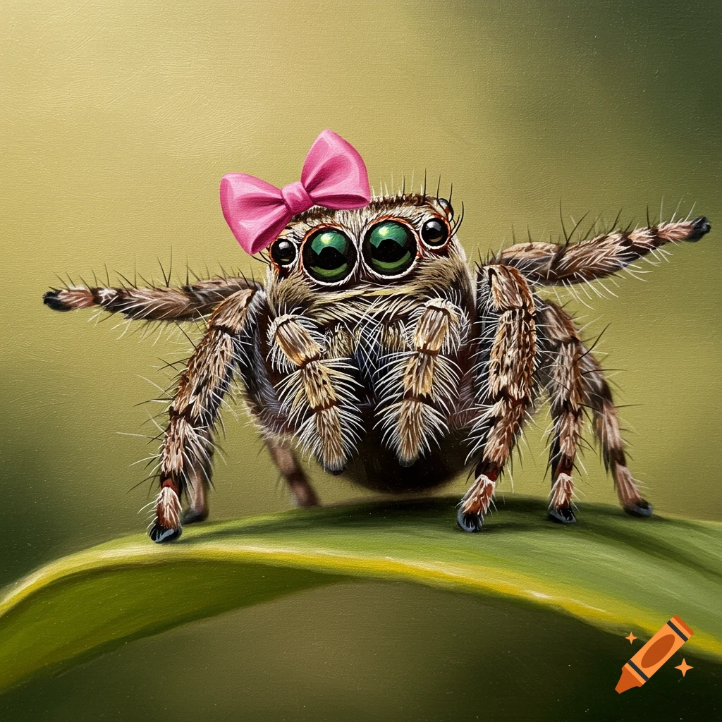 Close-up oil painting of a cute jumping spider with big green eyes and a pink bow on a leaf.