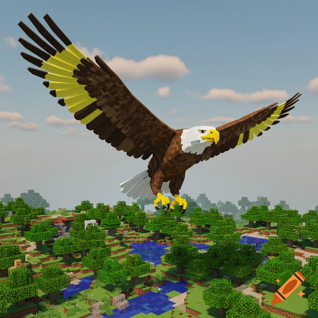 Large blocky eagle flies over a blocky landscape resembling the video game Minecraft