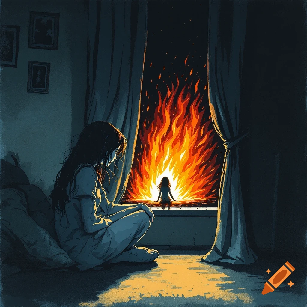 Illustration of a girl sitting indoors, looking at a window with large flames outside and a small figure in the fire.