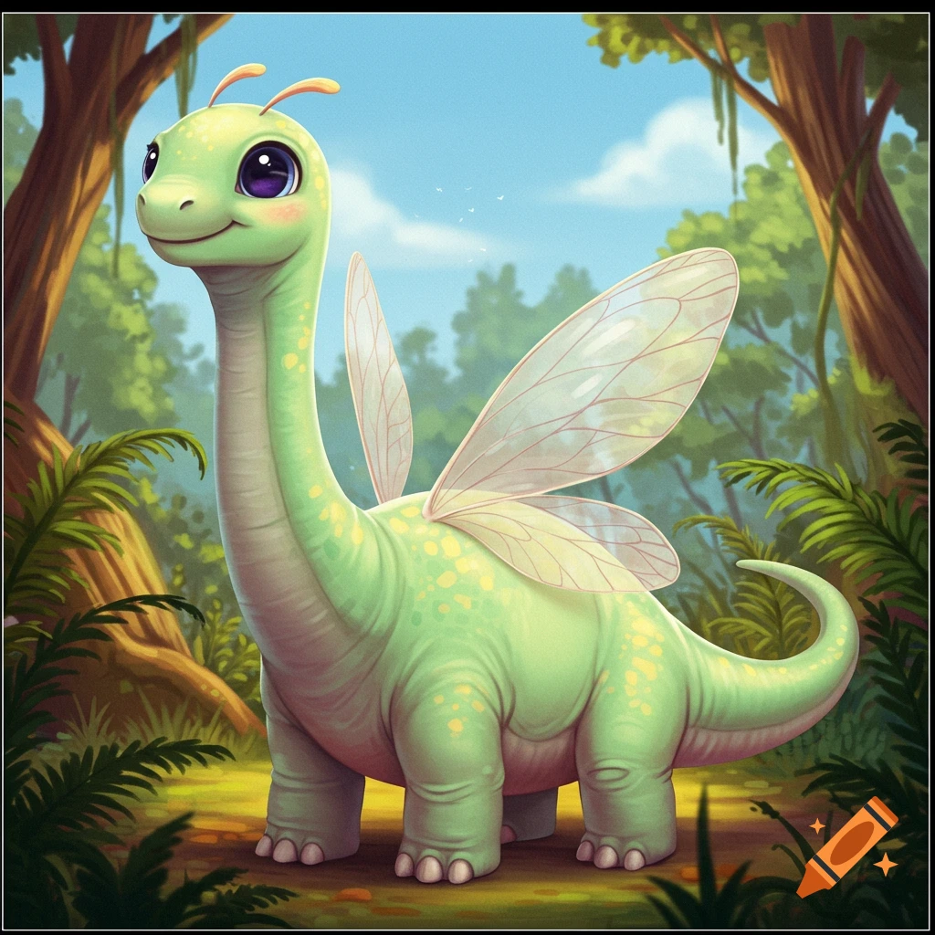 A cute light green Brontosaurus with translucent wings stands in a jungle clearing.