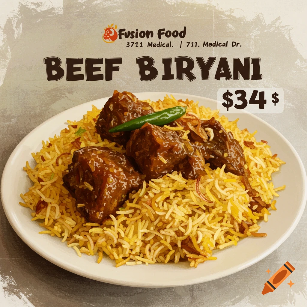 Fusion restaurant beef biryani dish with price $34