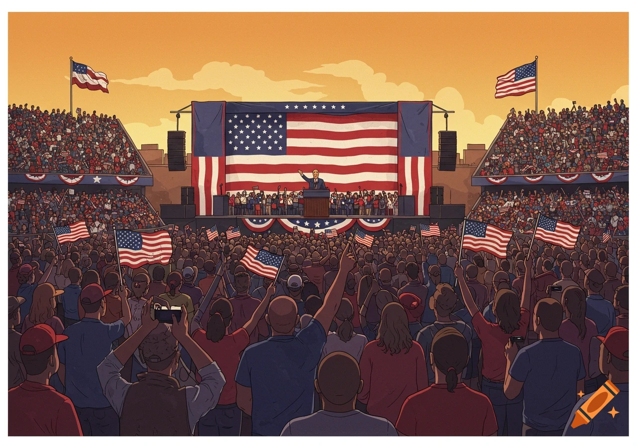 An illustration of a political rally with a speaker on a stage, US flags, and a large crowd.