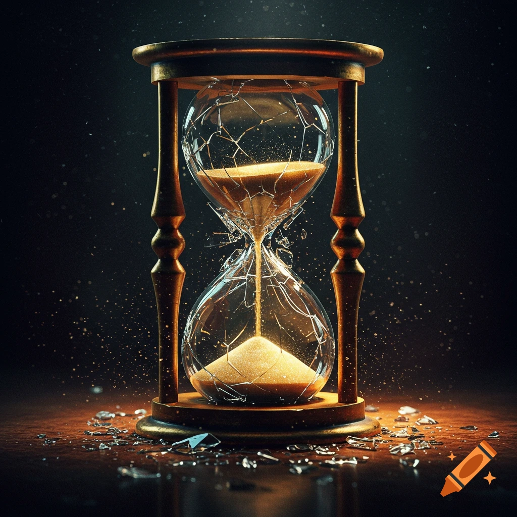 A broken hourglass sits on a dark wooden surface, sand pouring out onto glass shards scattered around it.