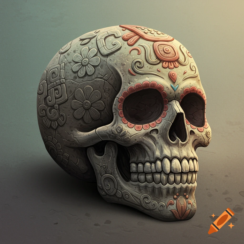 Stone sugar skull decorated with carved Aztec-inspired patterns and pink accents