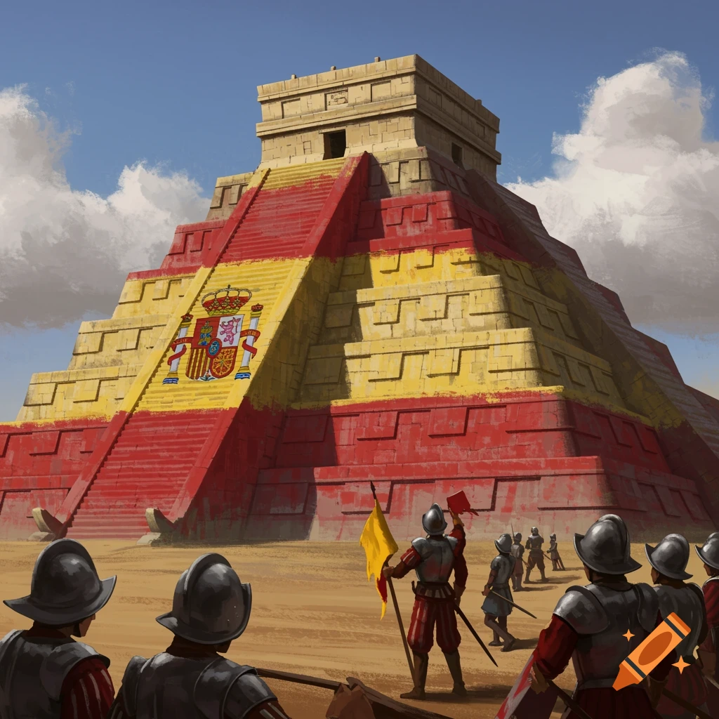 Spanish conquistadors view Aztec pyramid painted like Spanish flag.