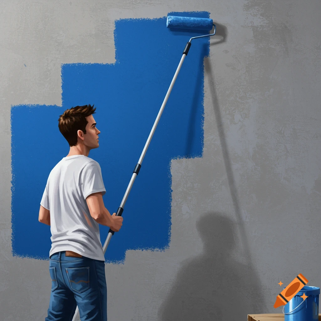 A man paints a grey wall blue with a roller and extension pole.