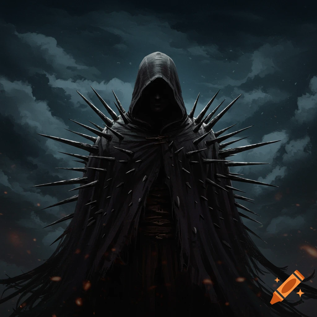 A dark fantasy illustration of a hooded figure in a cloak covered with large spikes against a stormy sky.