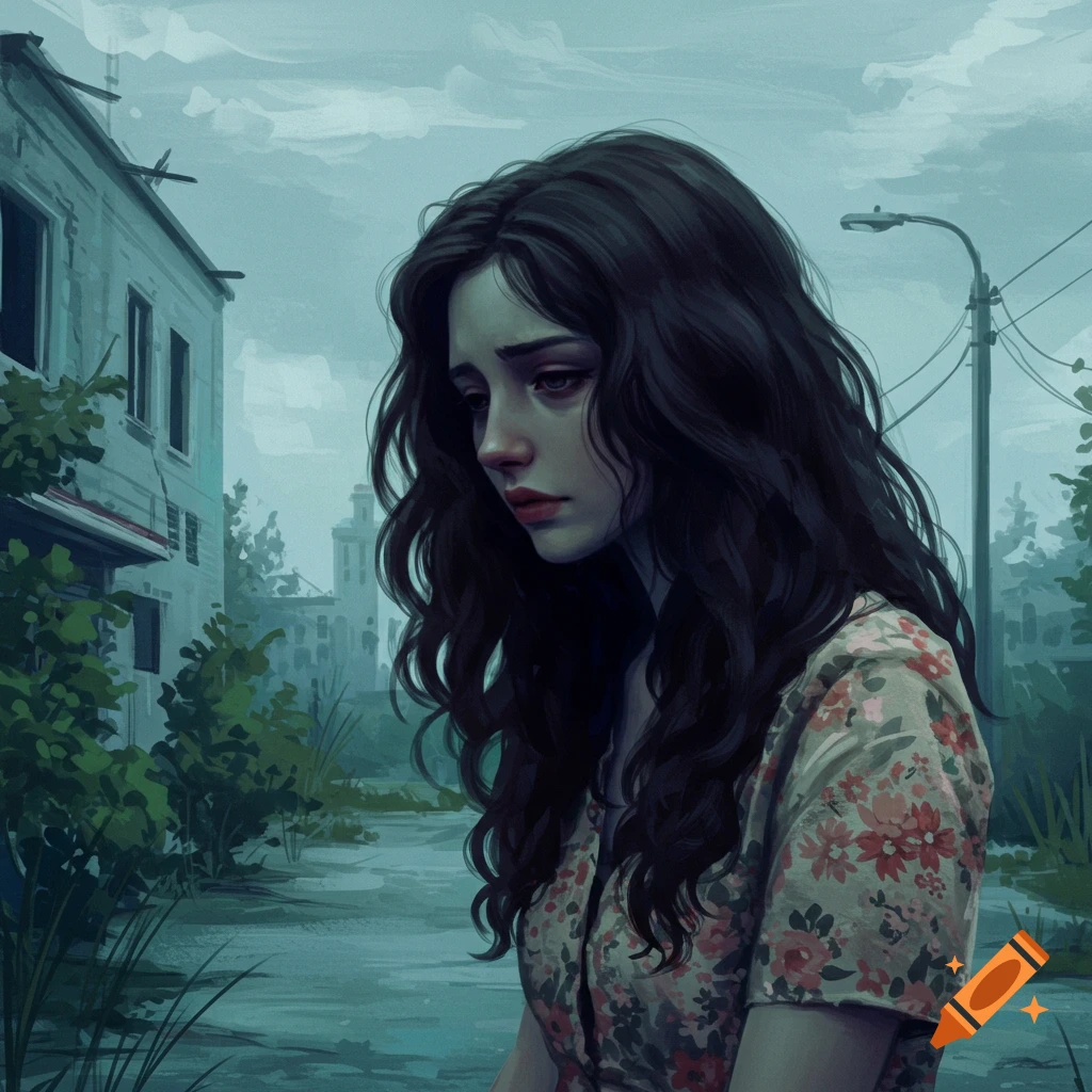 A sad woman with dark hair looks down in a desolate setting.