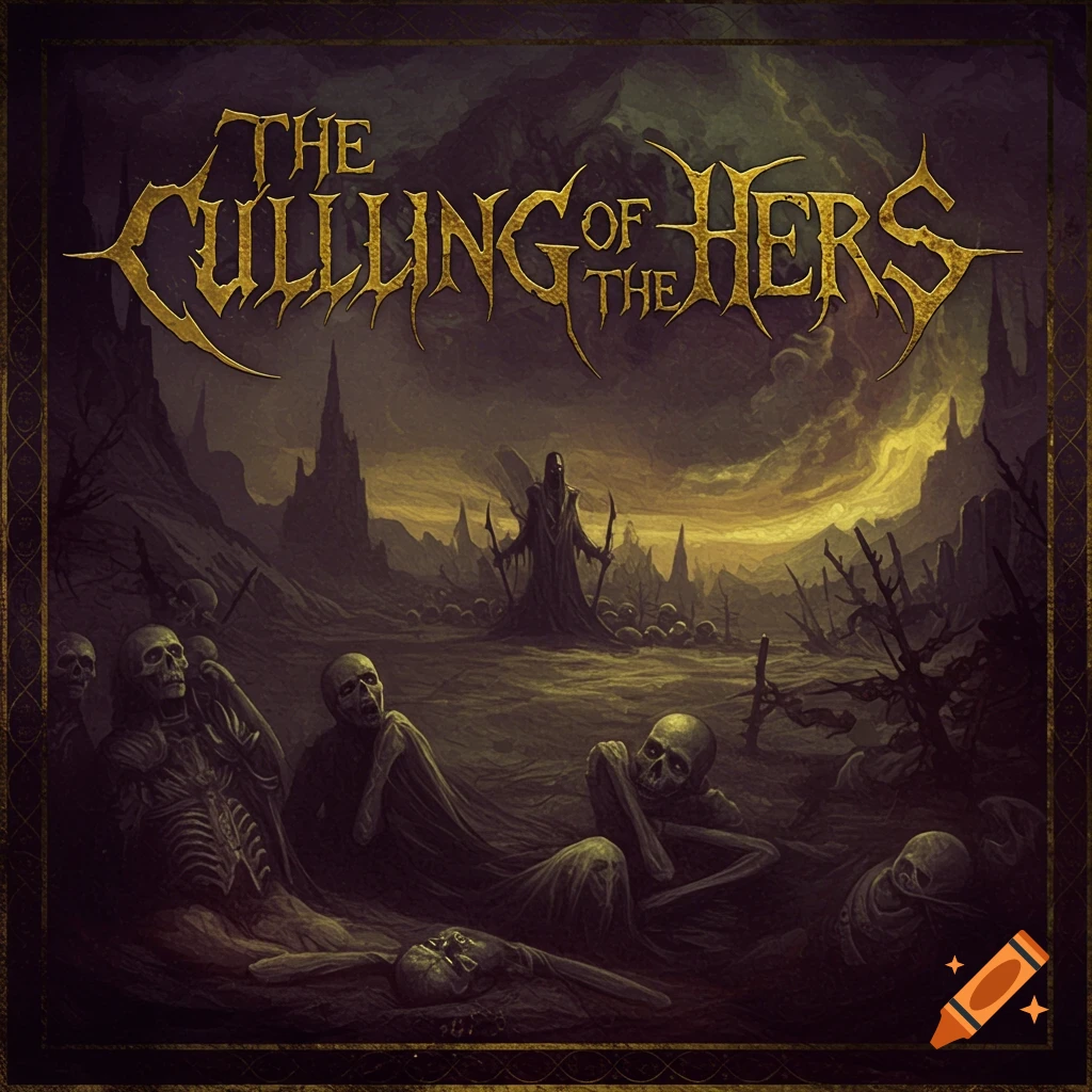 Dark fantasy album cover with skeletons, a robed figure, and a metal logo under a stormy sky.