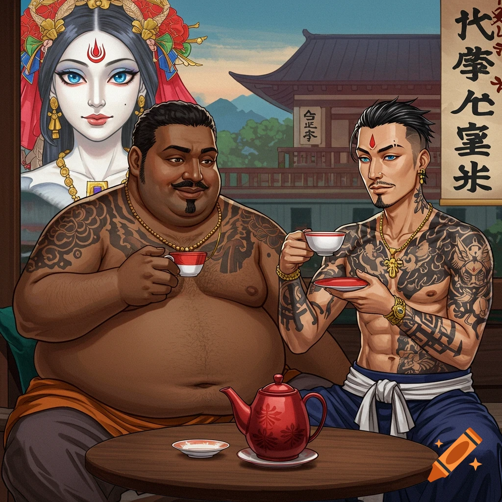 Illustration of two tattooed men drinking tea with a floating figure of a deity-like woman in an Asian setting.