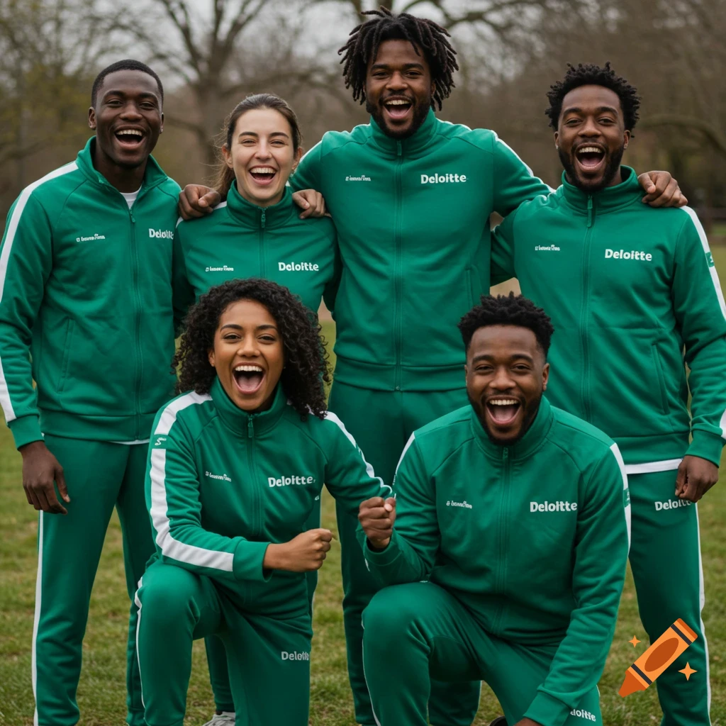 Six people in green tracksuits smiling outdoors.