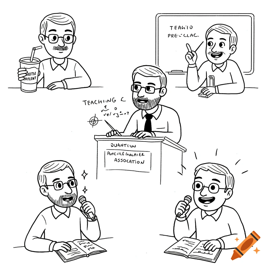 Black and white doodles of a math teacher in various situations: drinking soylent, teaching pre-calculus and quantum physics, giving a speech, gossiping with students.