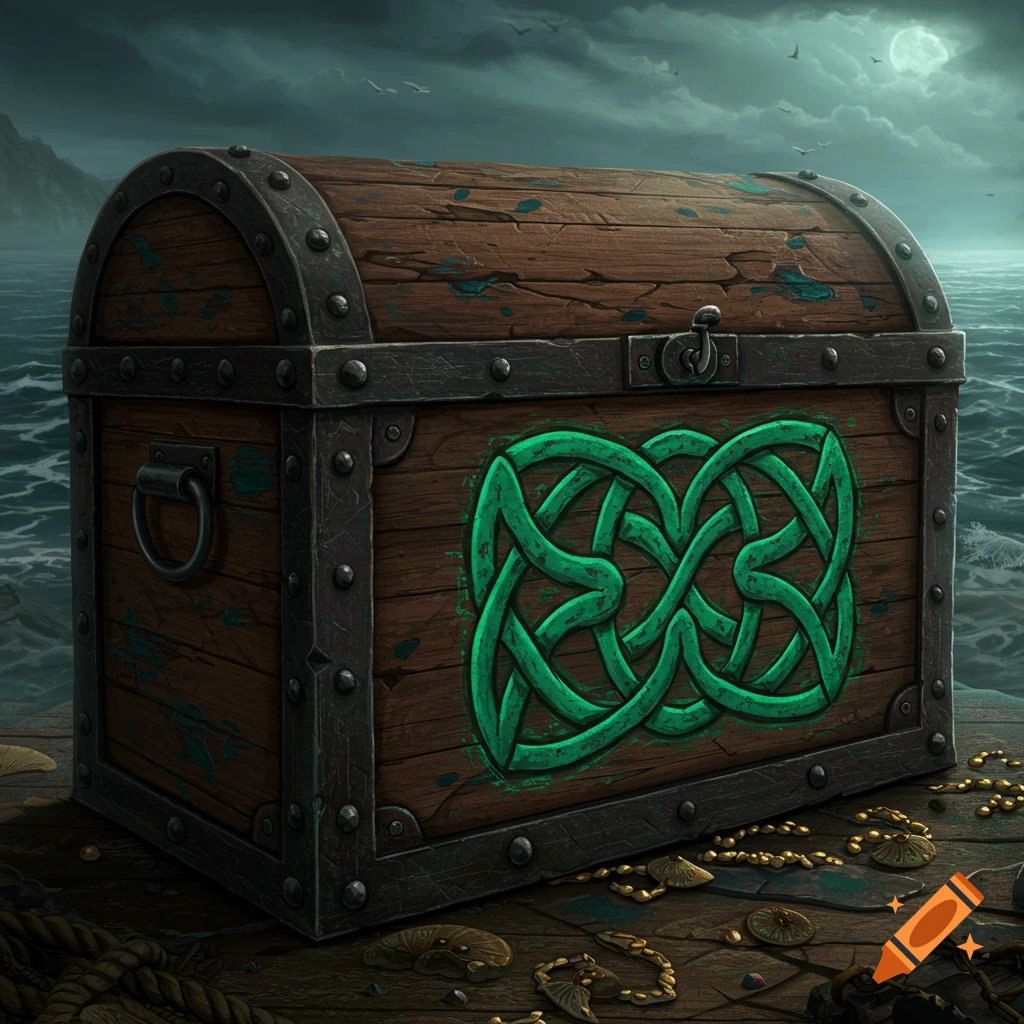 A wooden treasure chest with a green Celtic knot sits on a deck by the ocean under a night sky.