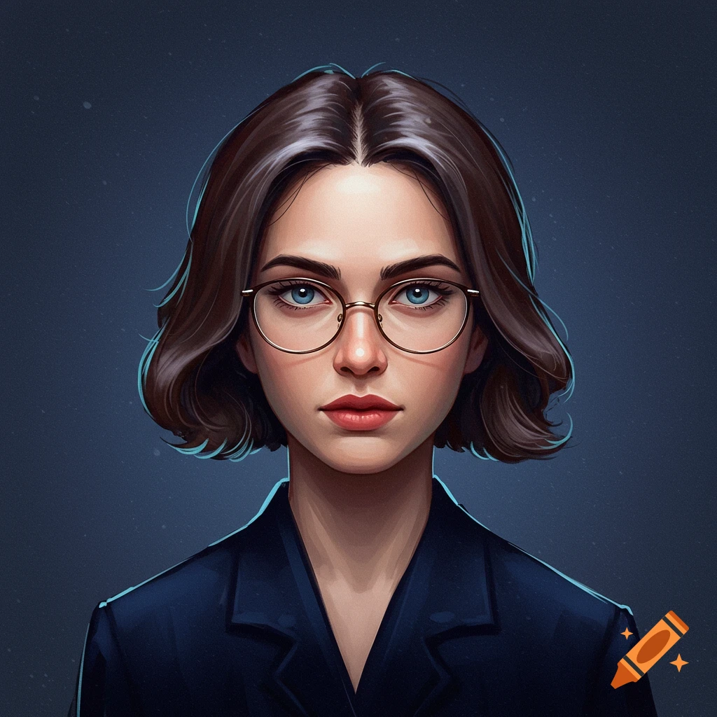 A young woman with short brown hair and glasses wears a dark blazer on