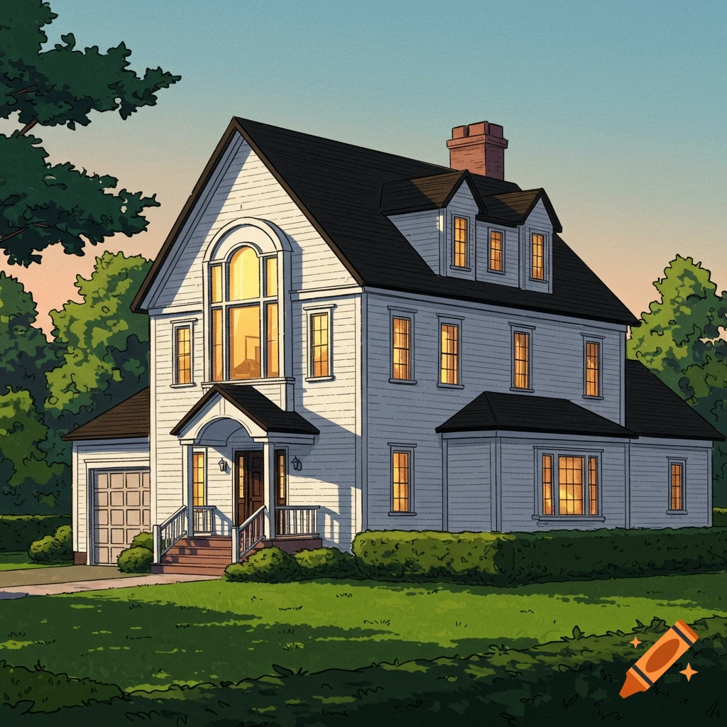 Illustrated white house with big arched window, black roof, green lawn, and trees.