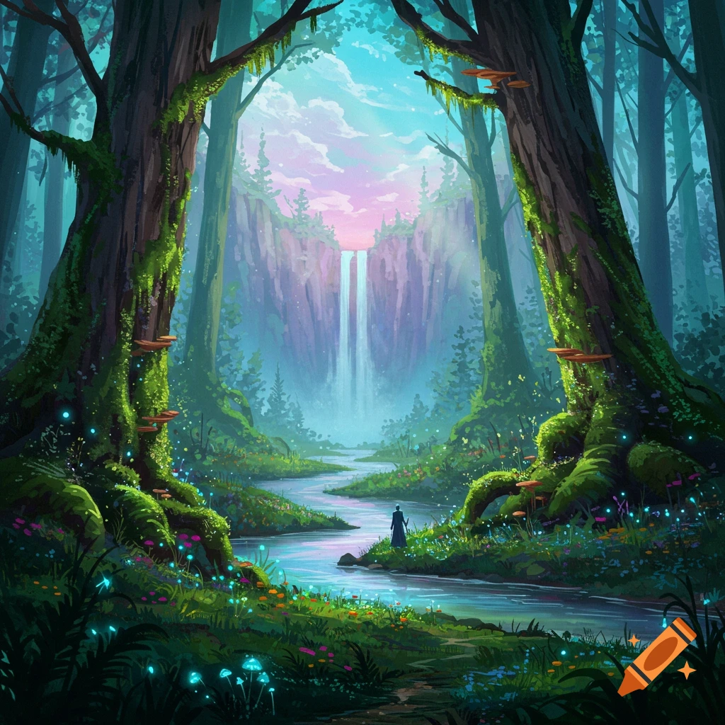 A mystical forest with a waterfall, river, glowing plants, and a silhouetted figure.