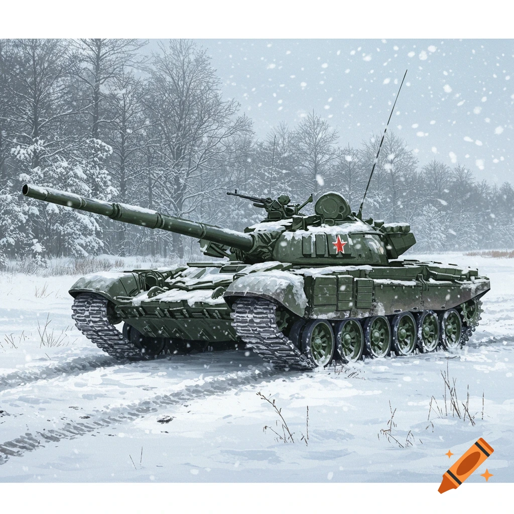 Military tank in the snowscape scene painting, illustration, or possible photo art style. Neutral facial expression and pose; neutral overall impression to viewers. Keywords include: military, tank, snow, winter, vehicle. This can be used to inform search engine optimization (SEO) strategy for alt text generation for images on web pages or digital platforms by providing descriptive metadata enhancing discoverability in online queries related to those elements described within them, fostering pos...