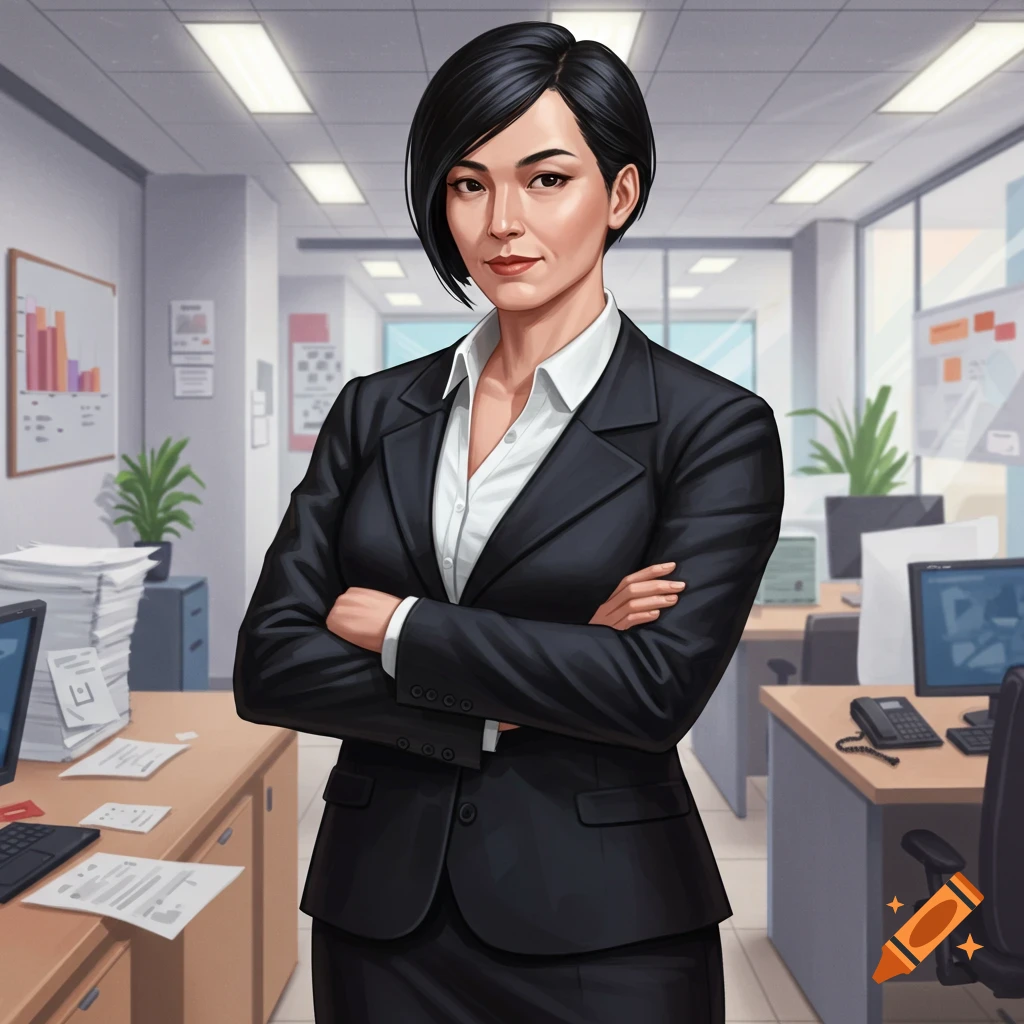 Illustration of a woman in a business suit with arms crossed, standing in an office.