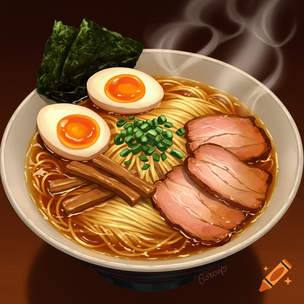 An illustrated close-up of a bowl of ramen with pork, eggs, and vegetables.